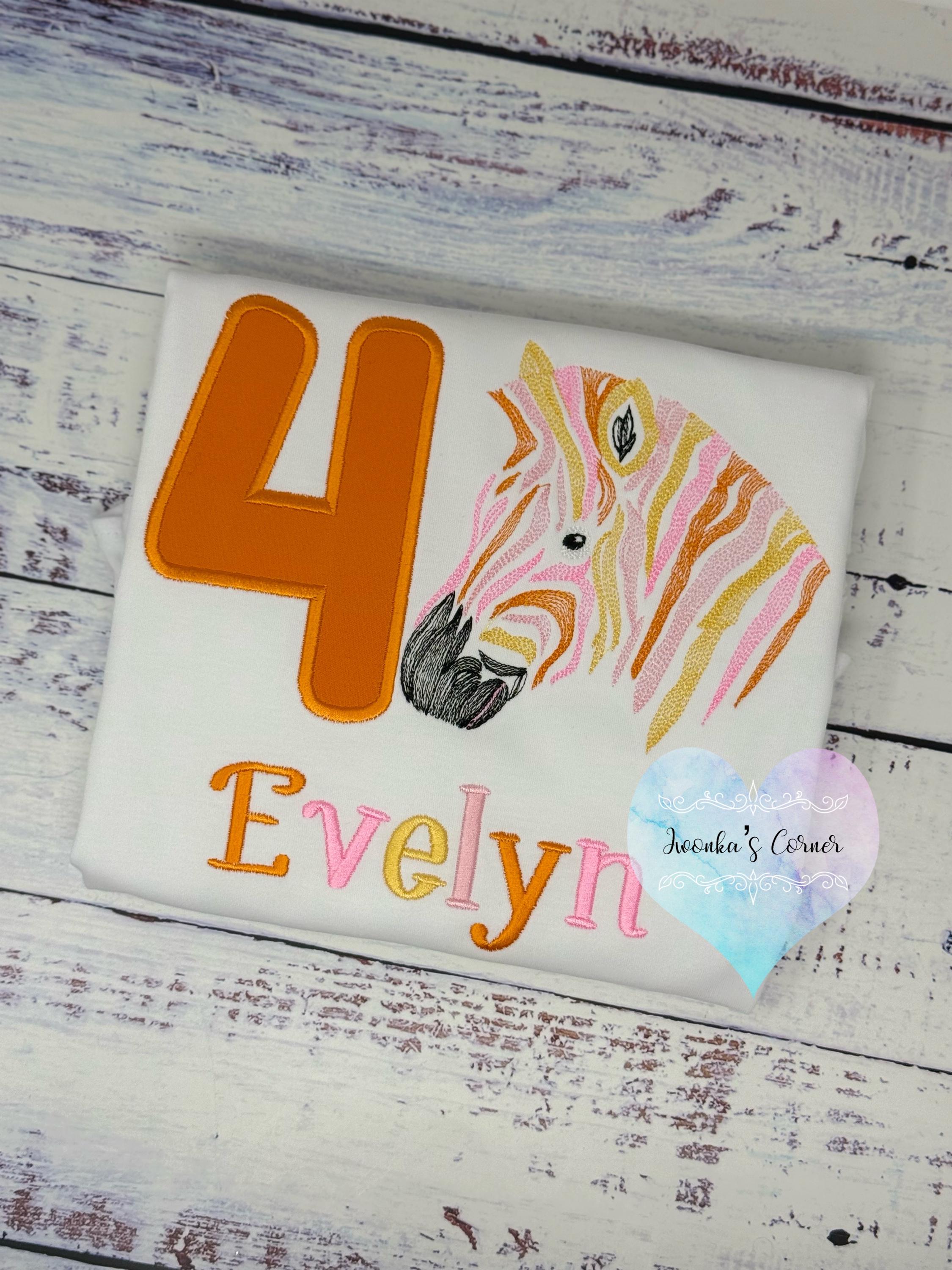 Girl 4th birthday pink, orange zebra shirt, Embroidered Safari t-shirt, Colorful rainbow zebra, Any age birthday tee