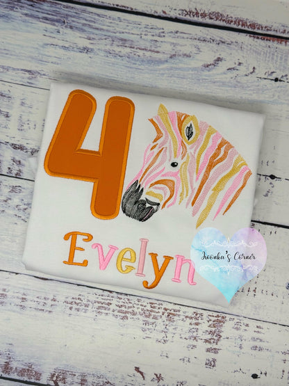 Girl 4th birthday pink, orange zebra shirt, Embroidered Safari t-shirt, Colorful rainbow zebra, Any age birthday tee