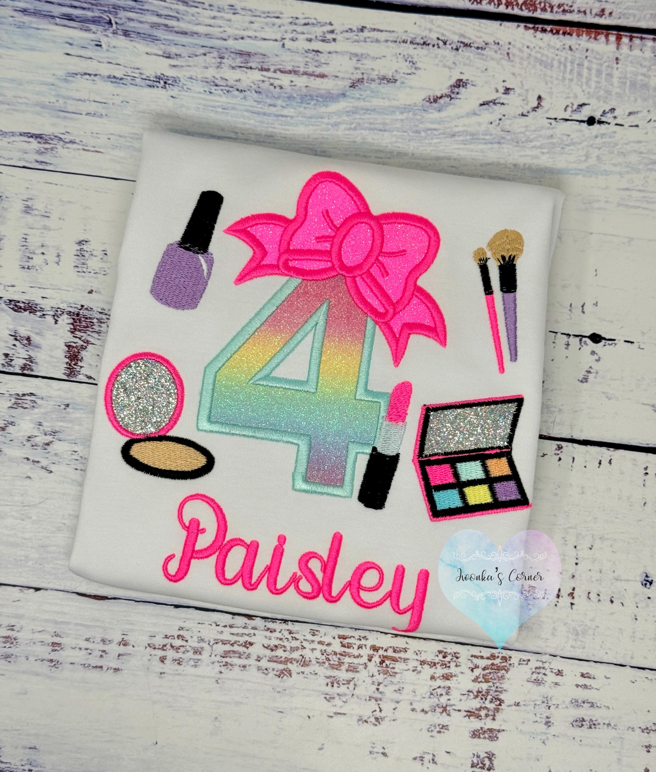 Girl 7th Birthday Shirt with Make up, Salon, Bow Number Shirt, Number cosmetics, Lipstick Powder Brush,Bright Hot Pink and Neon Make up