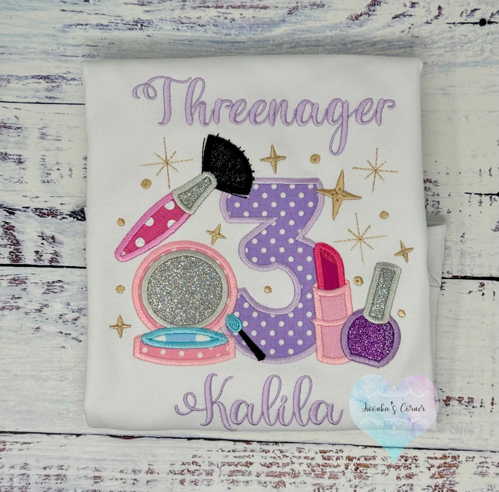 Girl 3rd Birthday Shirt with Make up, Salon, Spa Birthday Shirt, Number cosmetics, Lipstick, Compact Brush, Make up Birthday Party, Sparkel