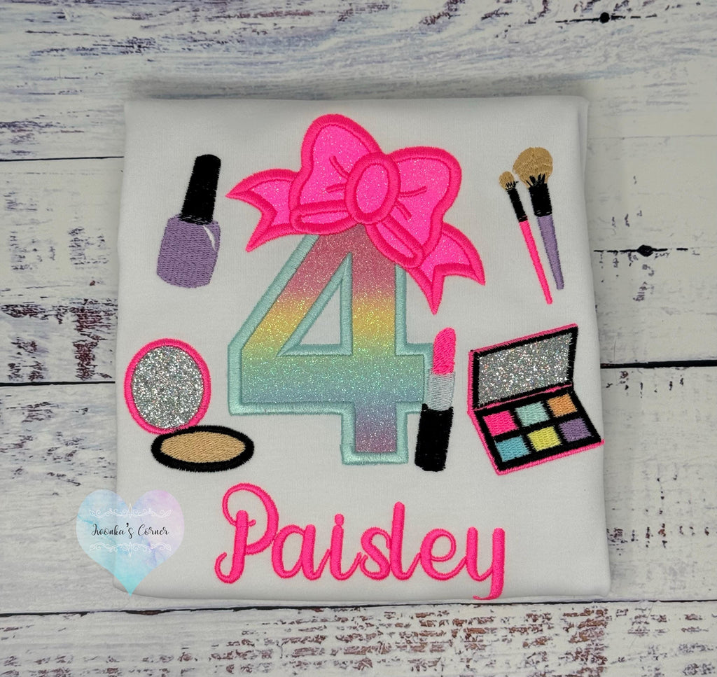 Girl 4th Birthday Shirt with Make up, Salon, Bow Number Shirt, Number cosmetics, Lipstick Powder Brush,Bright Hot Pink and Neon Make up