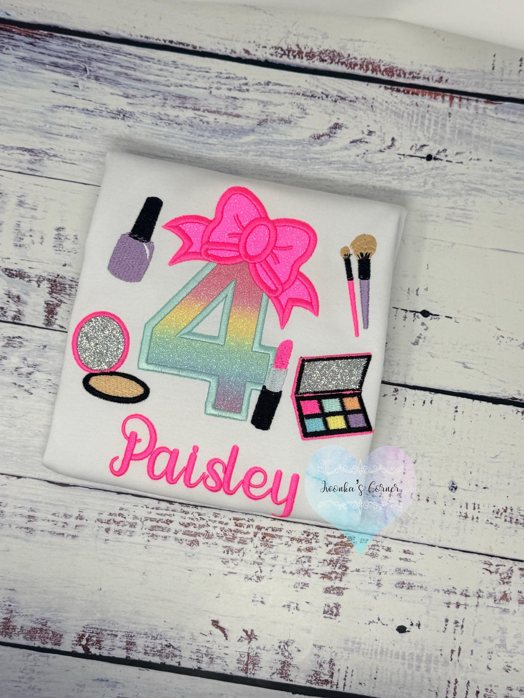 Girl 4th Birthday Shirt with Make up, Salon, Bow Number Shirt, Number cosmetics, Lipstick Powder Brush,Bright Hot Pink and Neon Make up