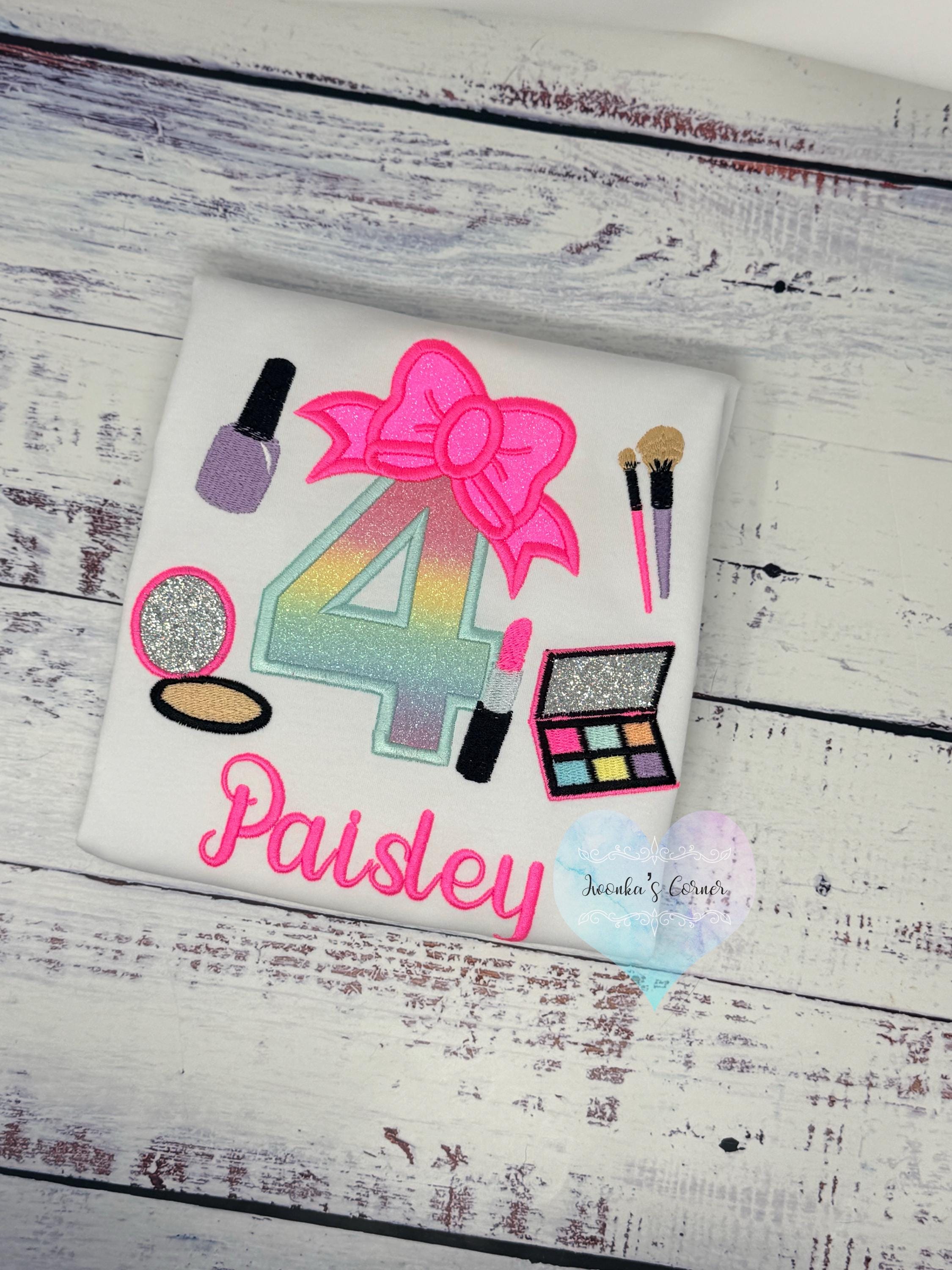 Girl 4th Birthday Shirt with Make up, Salon, Bow Number Shirt, Number cosmetics, Lipstick Powder Brush,Bright Hot Pink and Neon Make up