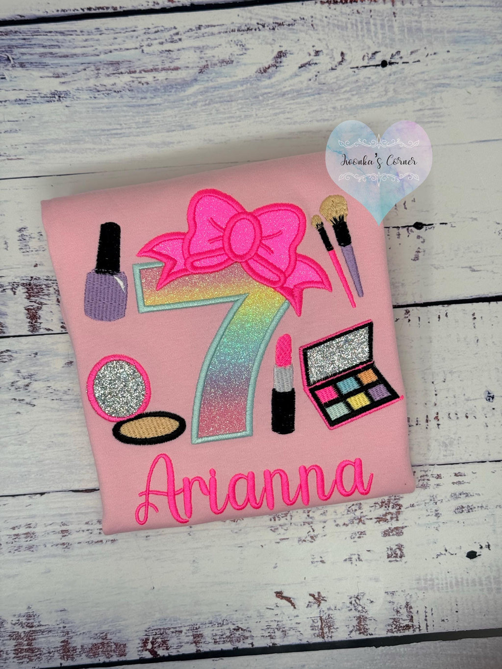 Girl 7th Birthday Shirt with Make up, Salon, Bow Number Shirt, Number cosmetics, Lipstick Powder Brush,Bright Hot Pink and Neon Make up