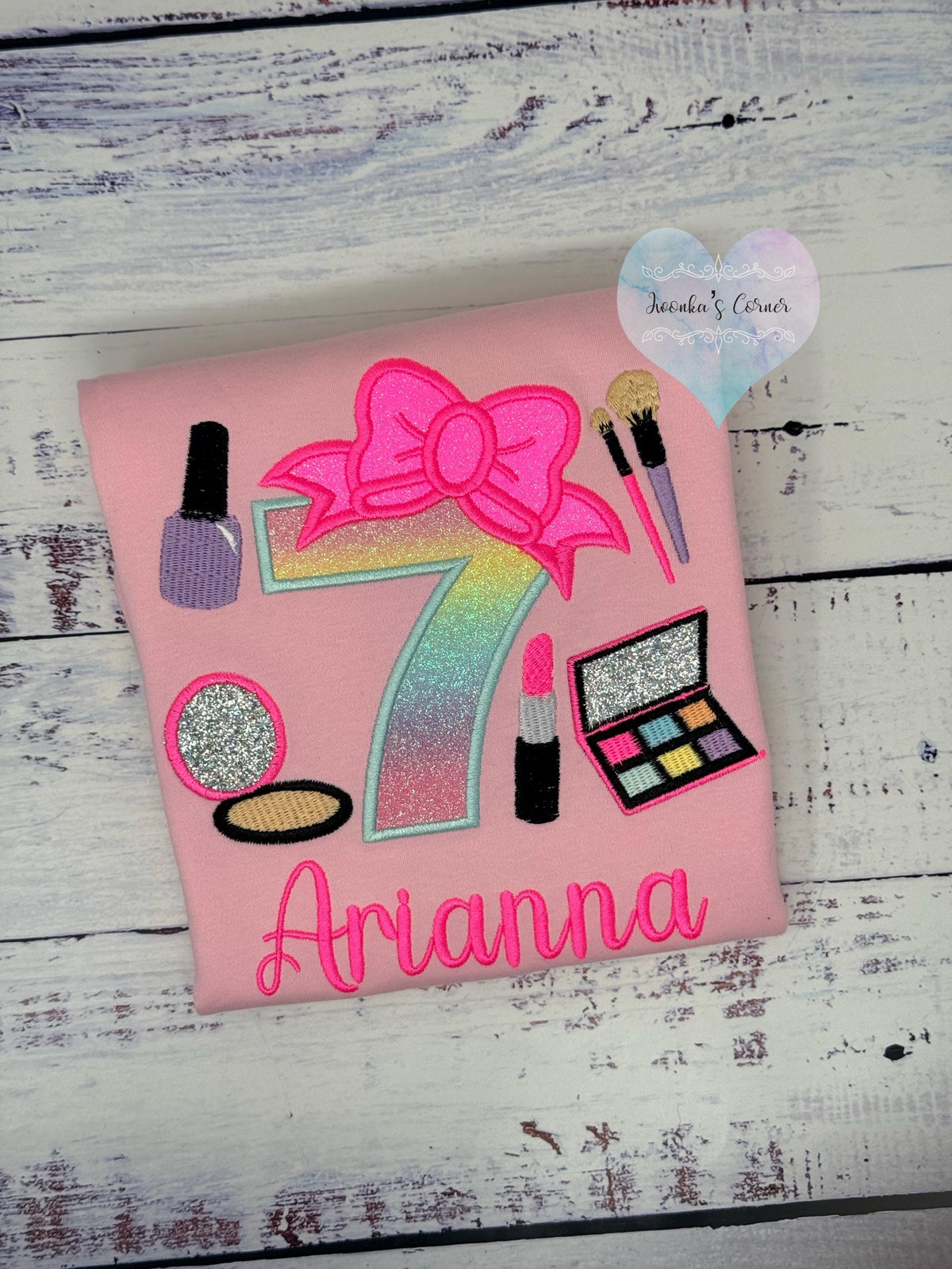 Girl 7th Birthday Shirt with Make up, Salon, Bow Number Shirt, Number cosmetics, Lipstick Powder Brush,Bright Hot Pink and Neon Make up