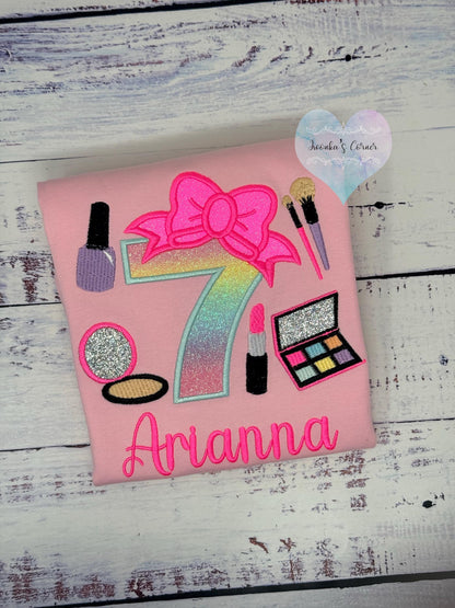 Girl 7th Birthday Shirt with Make up, Salon, Bow Number Shirt, Number cosmetics, Lipstick Powder Brush,Bright Hot Pink and Neon Make up