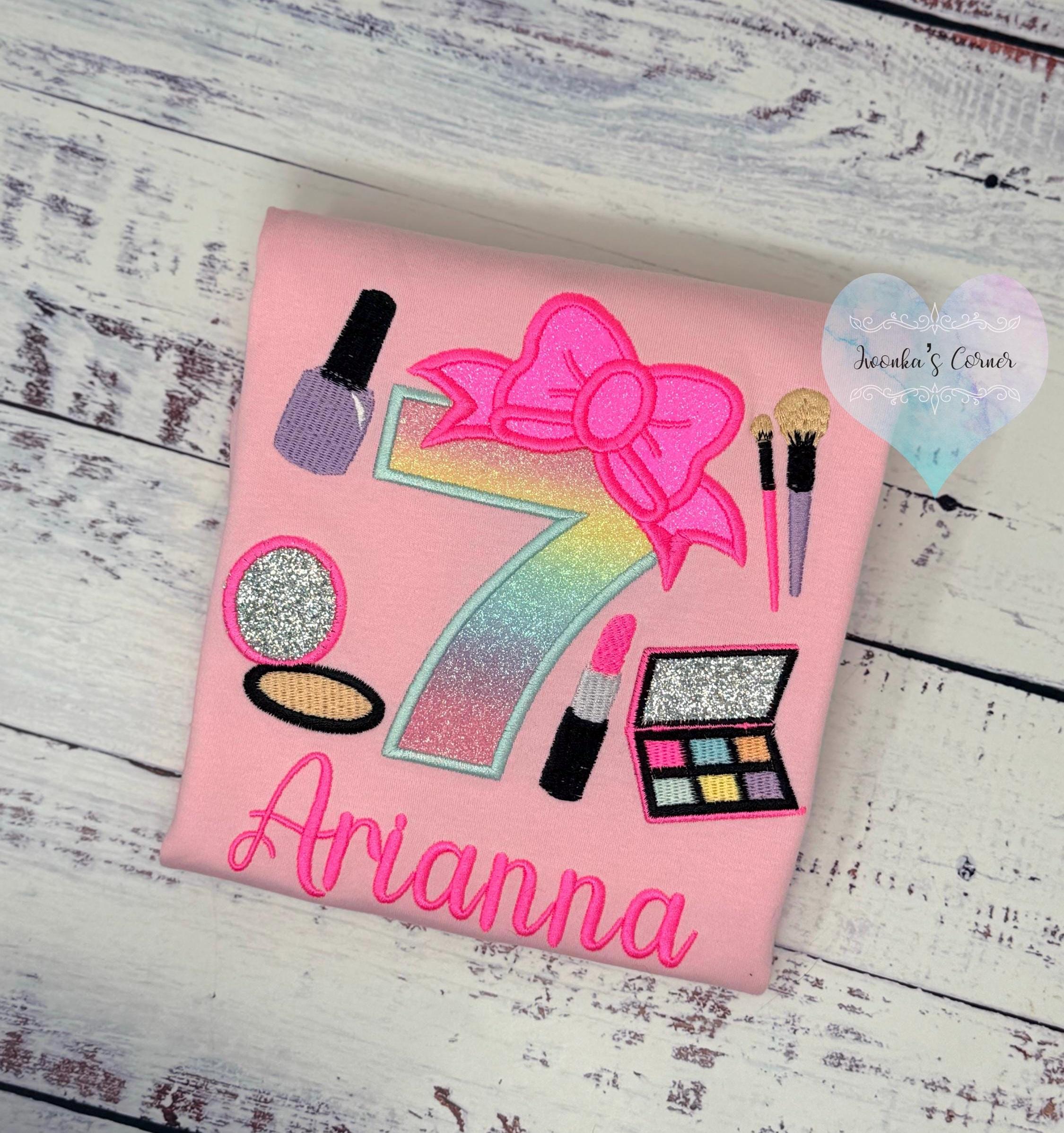 Girl 7th Birthday Shirt with Make up, Salon, Bow Number Shirt, Number cosmetics, Lipstick Powder Brush,Bright Hot Pink and Neon Make up