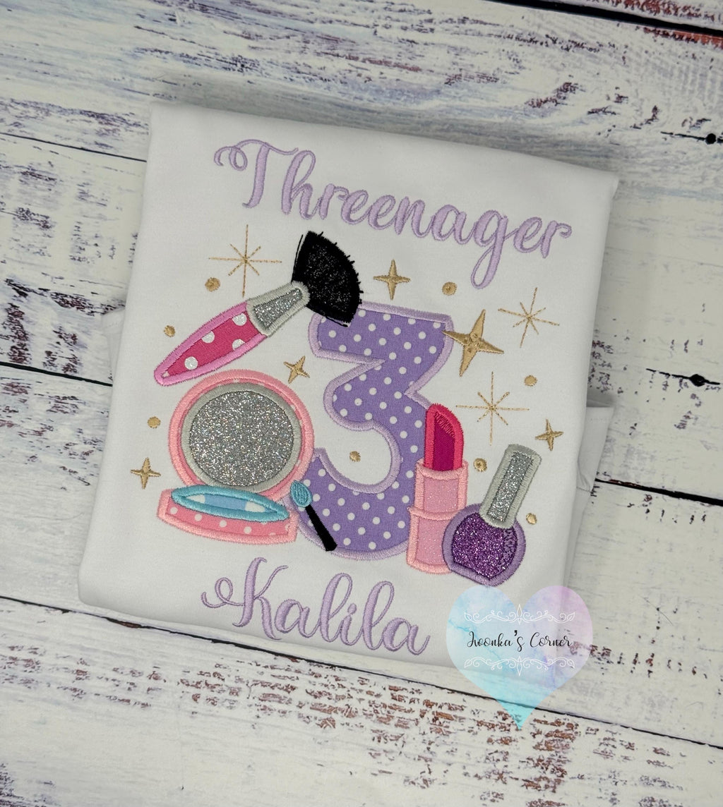 Girl 3rd Birthday Shirt with Make up, Salon, Spa Birthday Shirt, Number cosmetics, Lipstick, Compact Brush, Make up Birthday Party, Sparkel