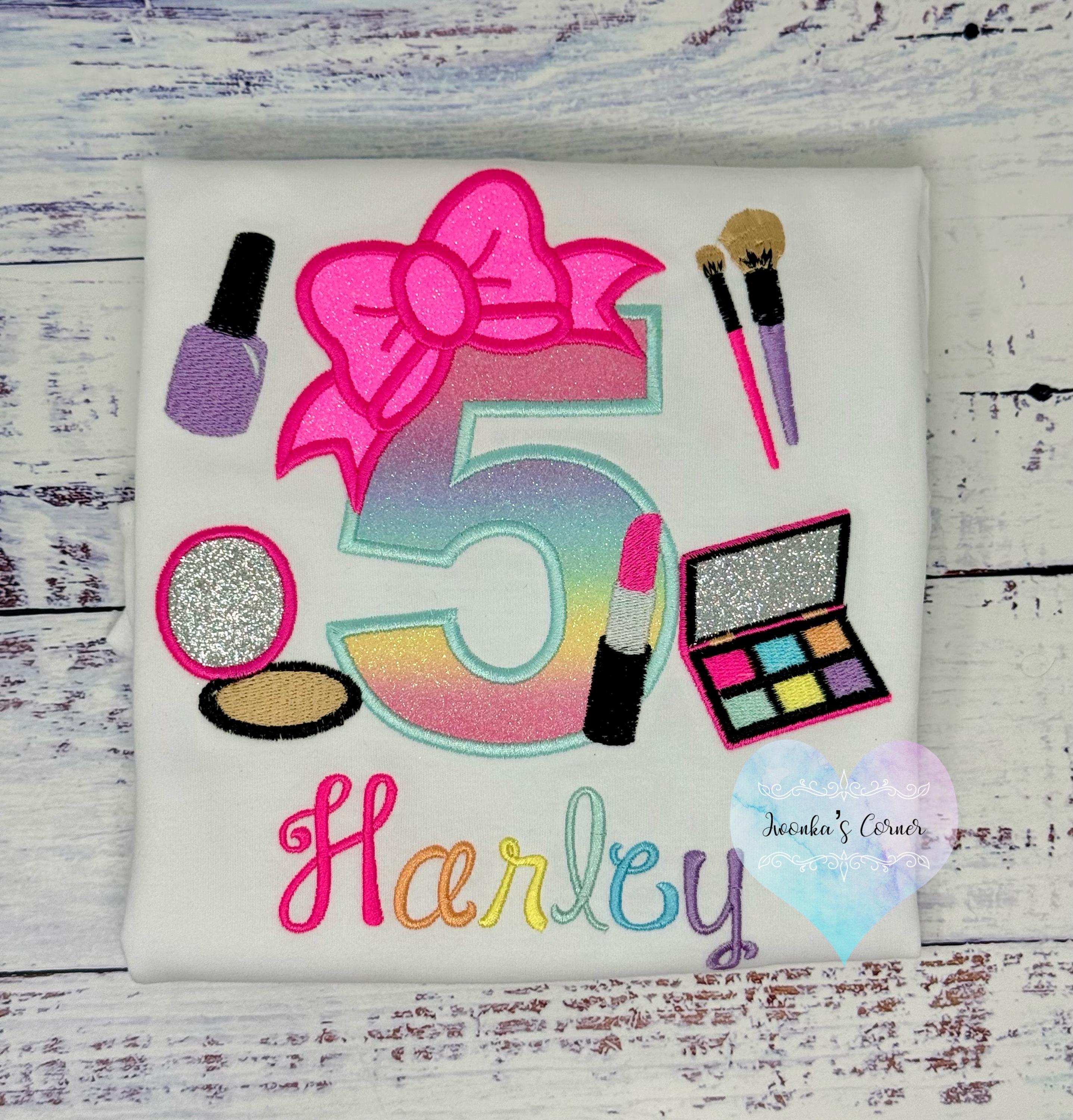 Girl 5th Birthday Shirt with Make up, Salon, Bow Number Shirt, Number cosmetics, Lipstick Powder Brush,Bright Hot Pink and Neon Make up