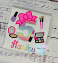 Girl 5th Birthday Shirt with Make up, Salon, Bow Number Shirt, Number cosmetics, Lipstick Powder Brush,Bright Hot Pink and Neon Make up