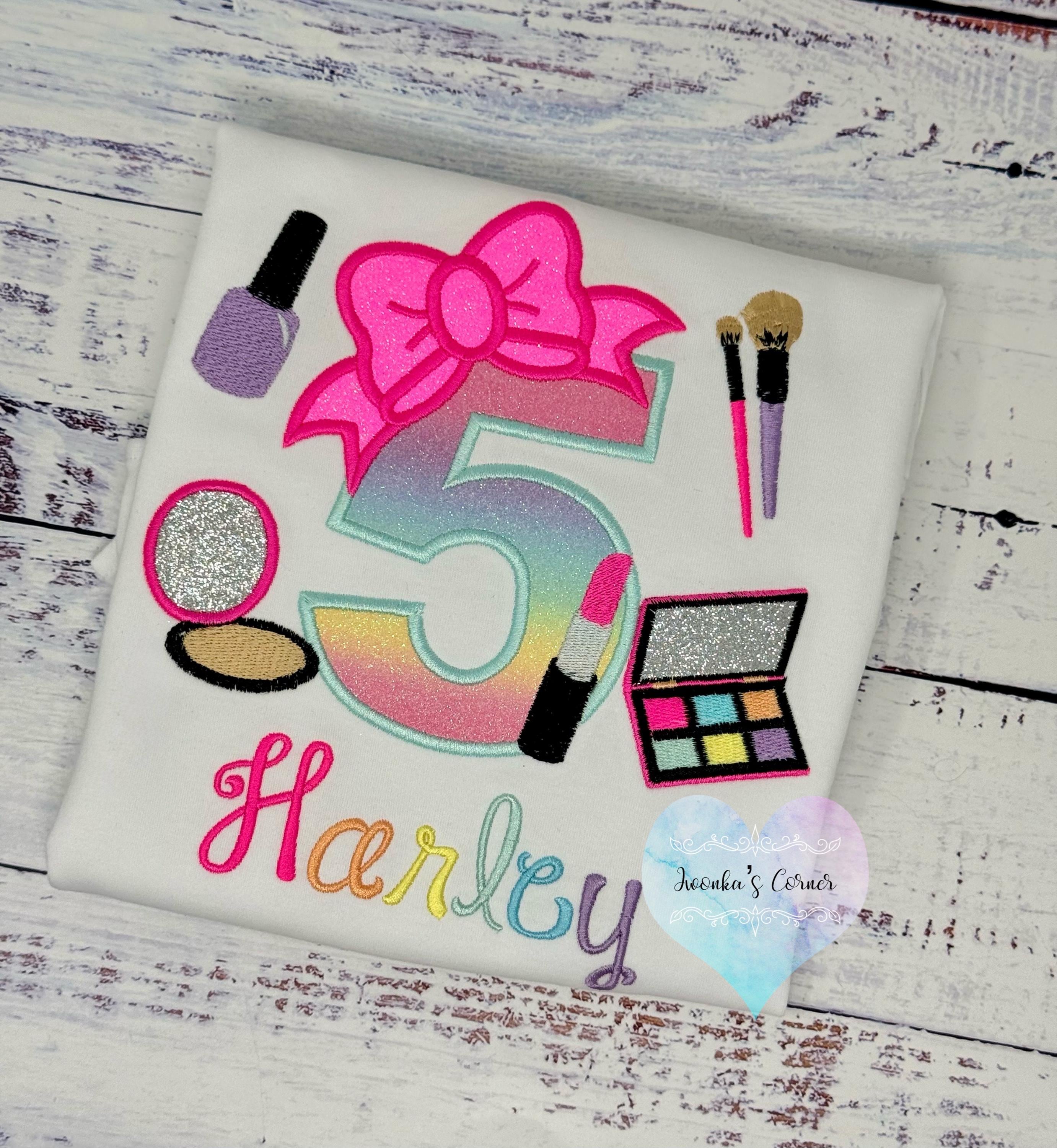 Girl 5th Birthday Shirt with Make up, Salon, Bow Number Shirt, Number cosmetics, Lipstick Powder Brush,Bright Hot Pink and Neon Make up