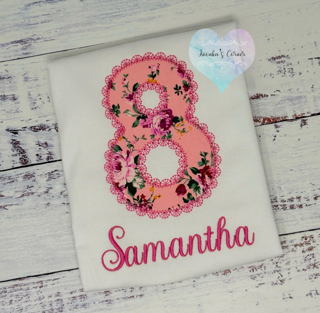 Girl 8th birthday Pink Floral fabric shirt, Girl Shirt With Roses, Floral birthday shirt, Embroidery Applique shirt, Lace Stitch
