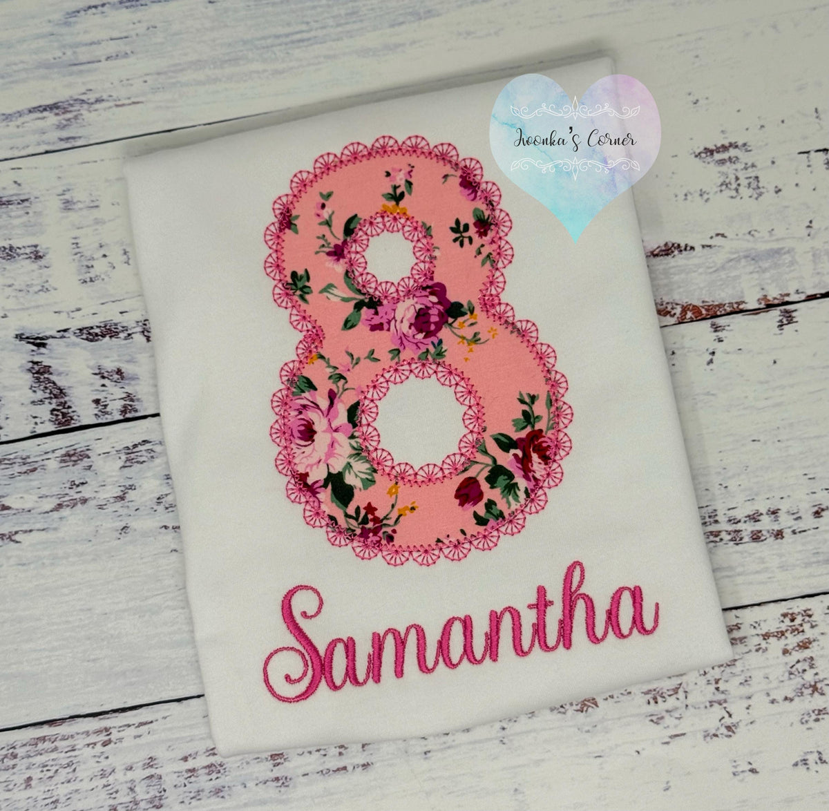 Girl 8th birthday Pink Floral fabric shirt, Girl Shirt With Roses, Floral birthday shirt, Embroidery Applique shirt, Lace Stitch