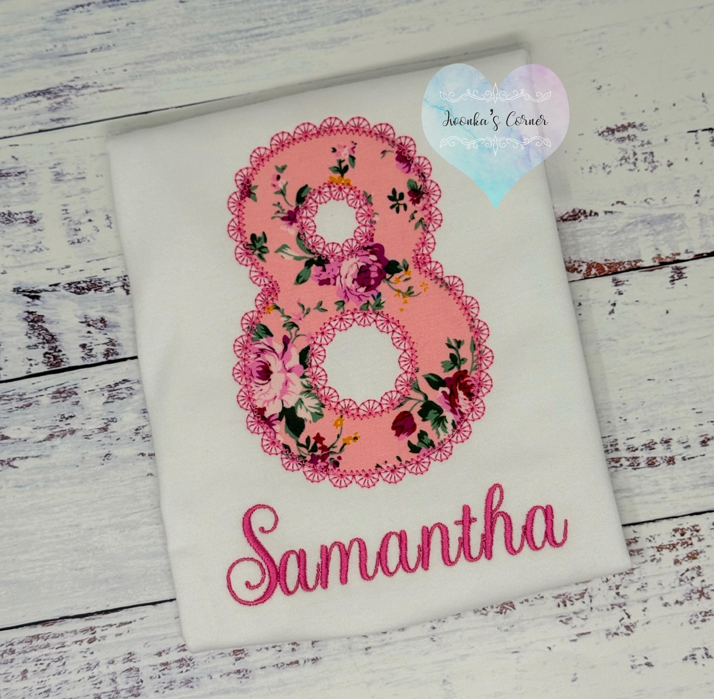 Girl 8th birthday Pink Floral fabric shirt, Girl Shirt With Roses, Floral birthday shirt, Embroidery Applique shirt, Lace Stitch