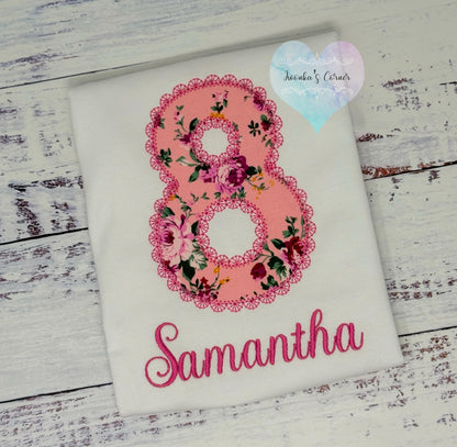 Girl 8th birthday Pink Floral fabric shirt, Girl Shirt With Roses, Floral birthday shirt, Embroidery Applique shirt, Lace Stitch