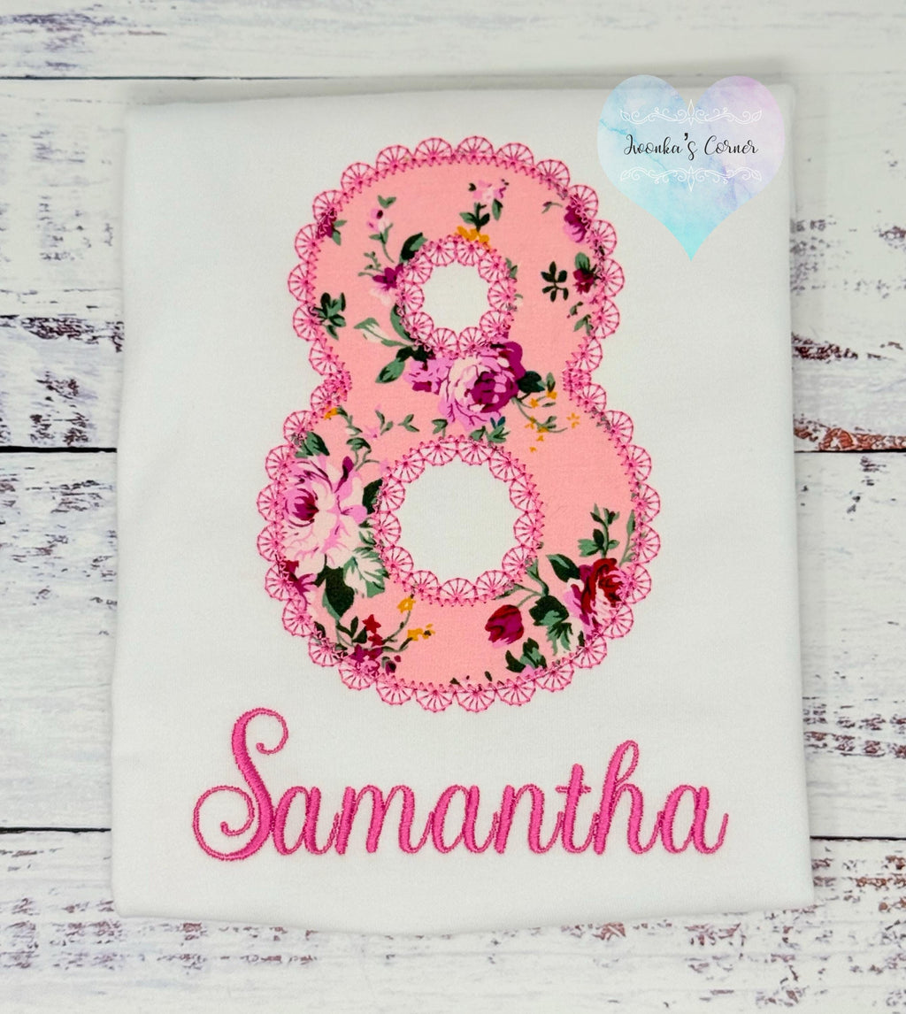 Girl 8th birthday Pink Floral fabric shirt, Girl Shirt With Roses, Floral birthday shirt, Embroidery Applique shirt, Lace Stitch
