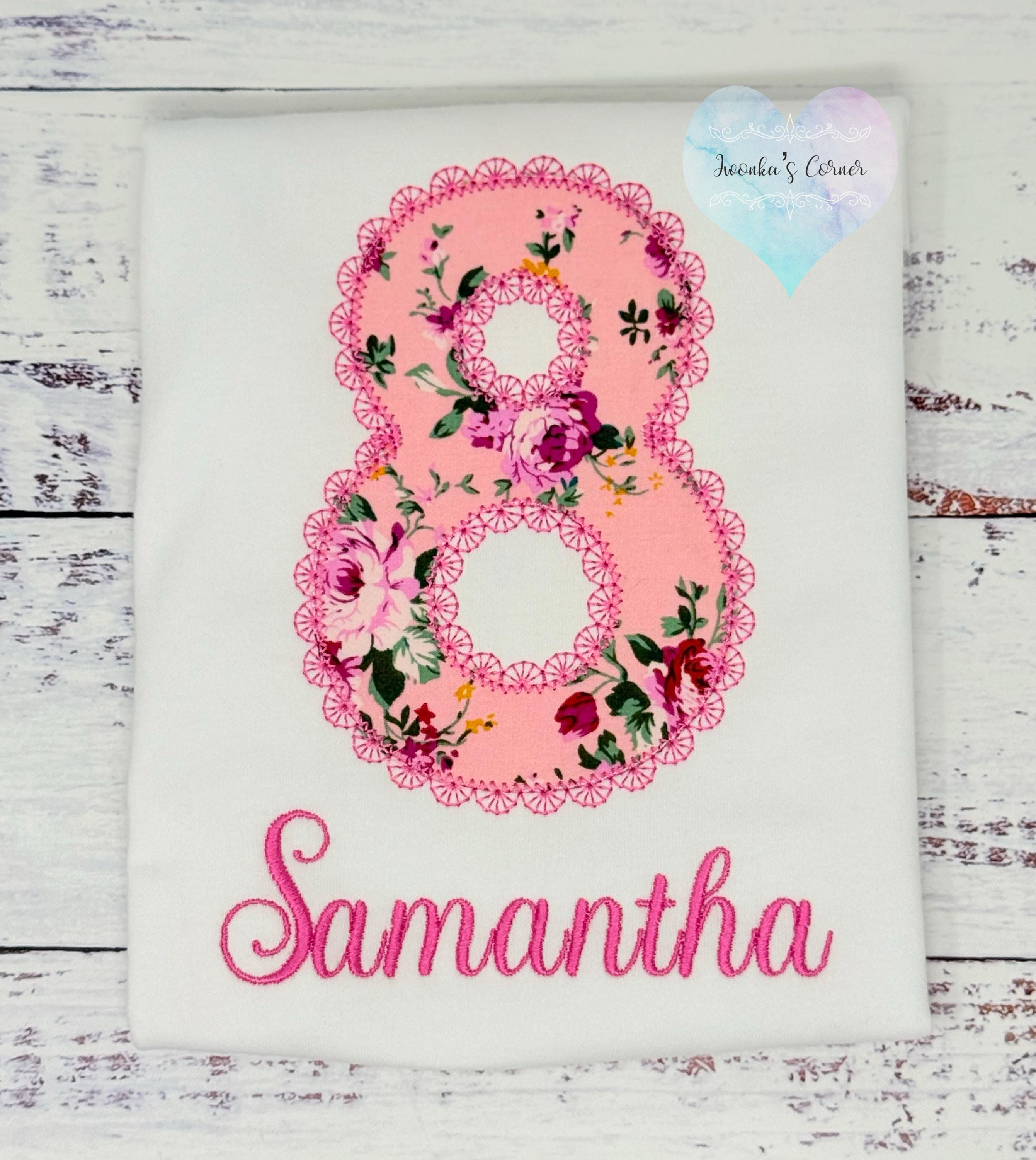 Girl 8th birthday Pink Floral fabric shirt, Girl Shirt With Roses, Floral birthday shirt, Embroidery Applique shirt, Lace Stitch