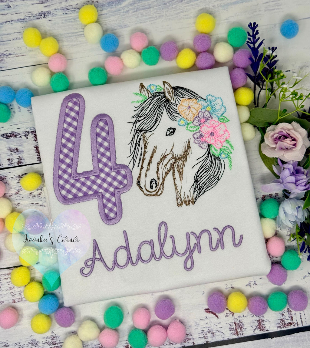 Girl 4th Birthday Shirt With Bay Brown Horse, Birthday Shirt with Gingham Number and Flower mane Horse, Sketch Embroidered Horse