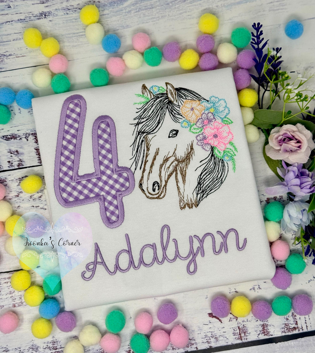 Girl 4th Birthday Shirt With Bay Brown Horse, Birthday Shirt with Gingham Number and Flower mane Horse, Sketch Embroidered Horse