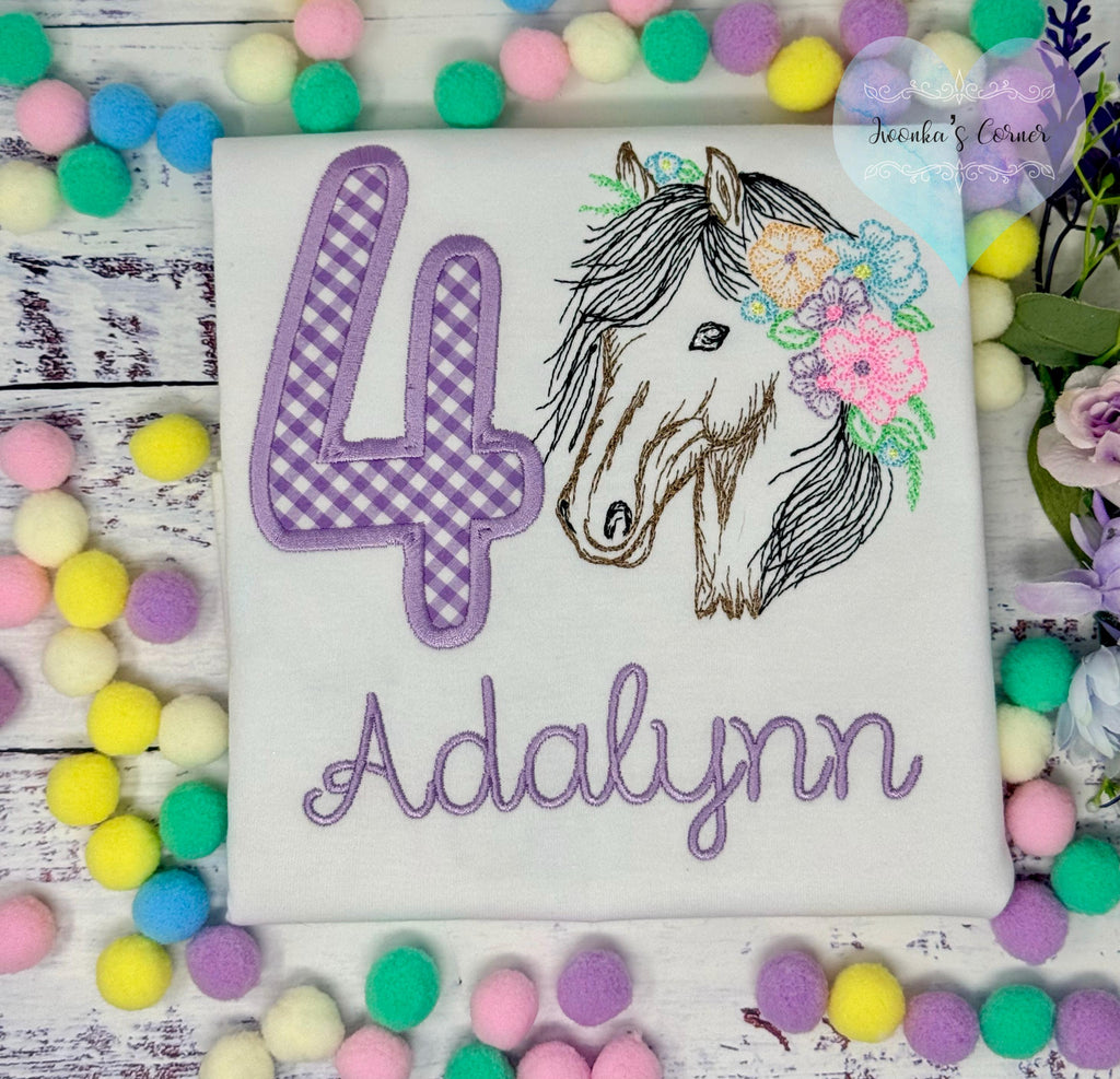 Girl 4th Birthday Shirt With Bay Brown Horse, Birthday Shirt with Gingham Number and Flower mane Horse, Sketch Embroidered Horse