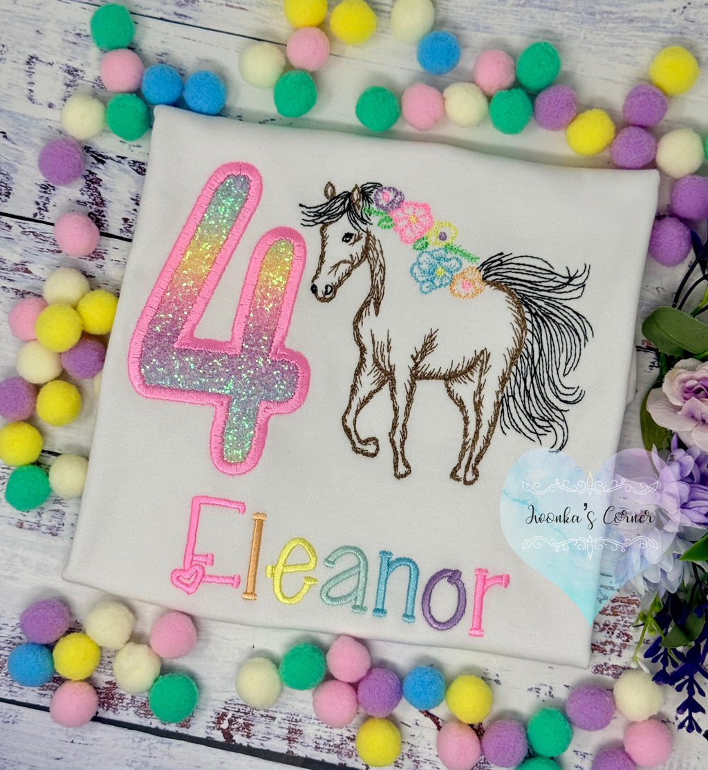 Girl 4th Birthday Shirt With Bay Brown Horse, Ombre Rainbow Number with Horse wearing Flowers in Mane, Sketch Embroidered Horse