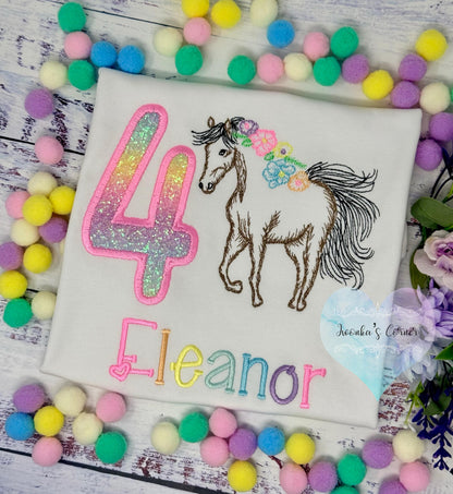 Girl 4th Birthday Shirt With Bay Brown Horse, Ombre Rainbow Number with Horse wearing Flowers in Mane, Sketch Embroidered Horse