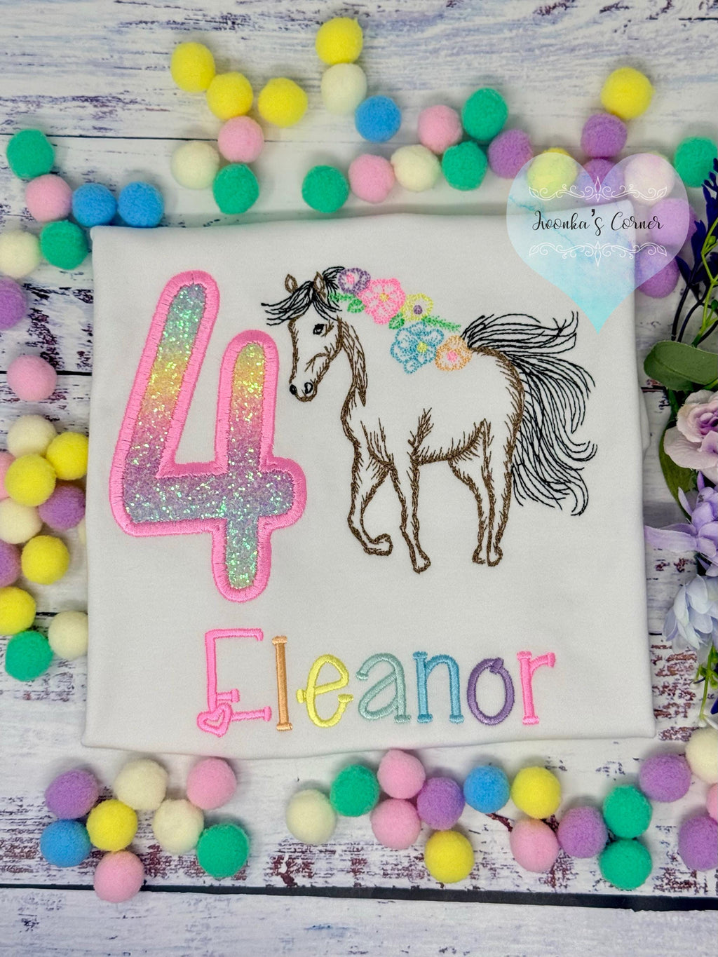 Girl 4th Birthday Shirt With Bay Brown Horse, Ombre Rainbow Number with Horse wearing Flowers in Mane, Sketch Embroidered Horse
