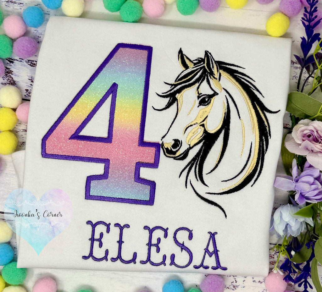 Girl 4th Birthday Shirt With Palomino Horse, Ombre Rainbow Number with Western Horse , Sketch Embroidered Horse