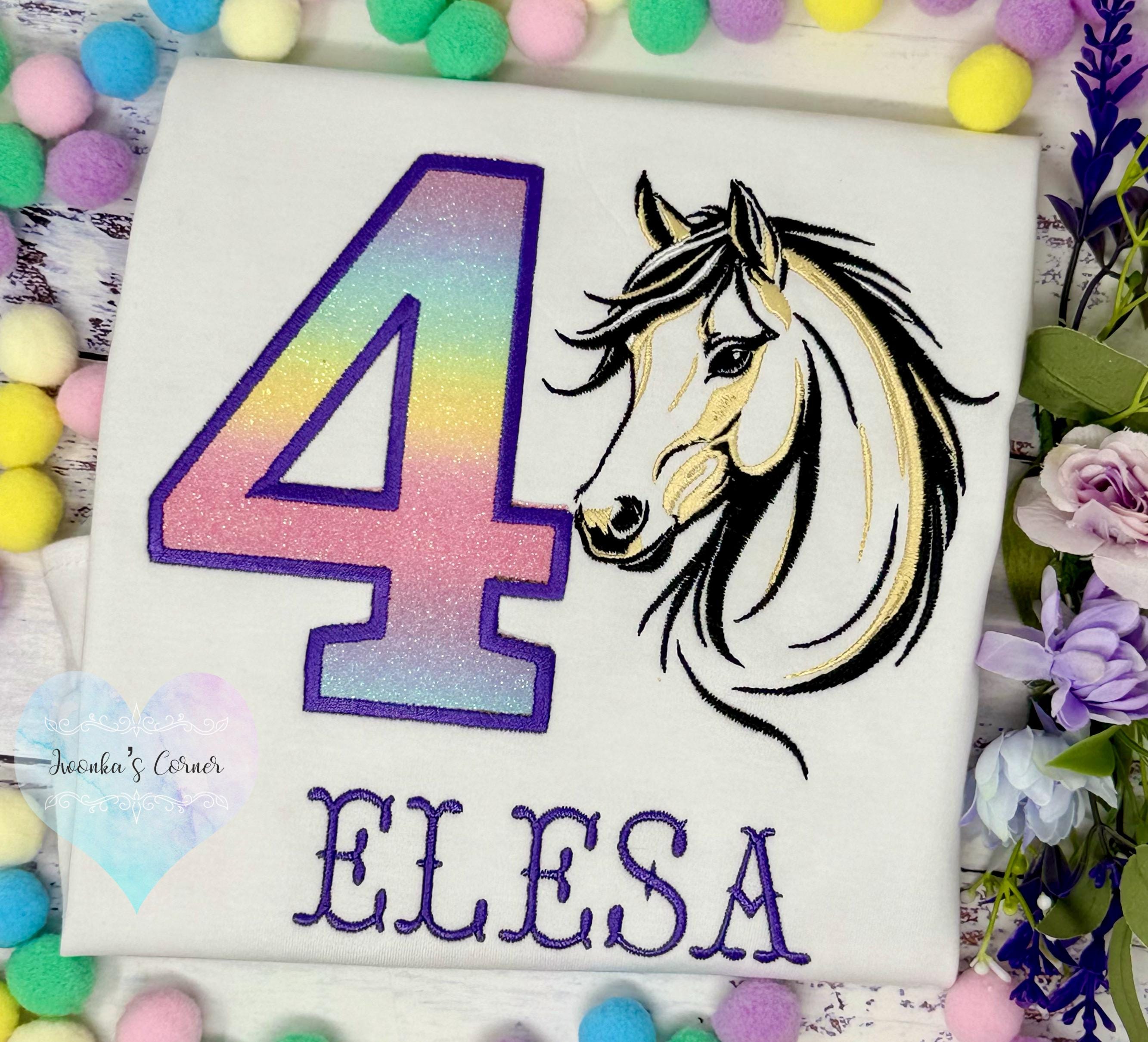 Girl 4th Birthday Shirt With Palomino Horse, Ombre Rainbow Number with Western Horse , Sketch Embroidered Horse