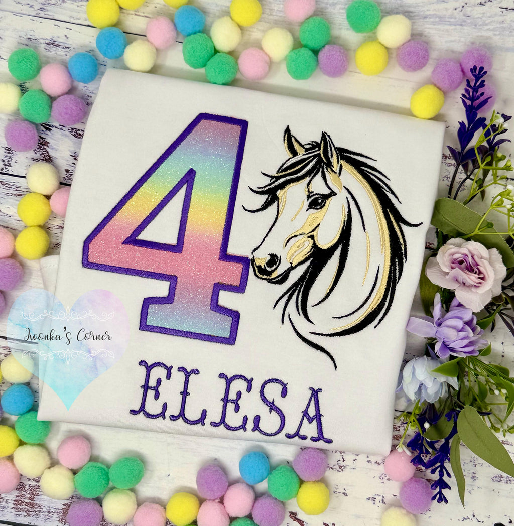Girl 4th Birthday Shirt With Palomino Horse, Ombre Rainbow Number with Western Horse , Sketch Embroidered Horse