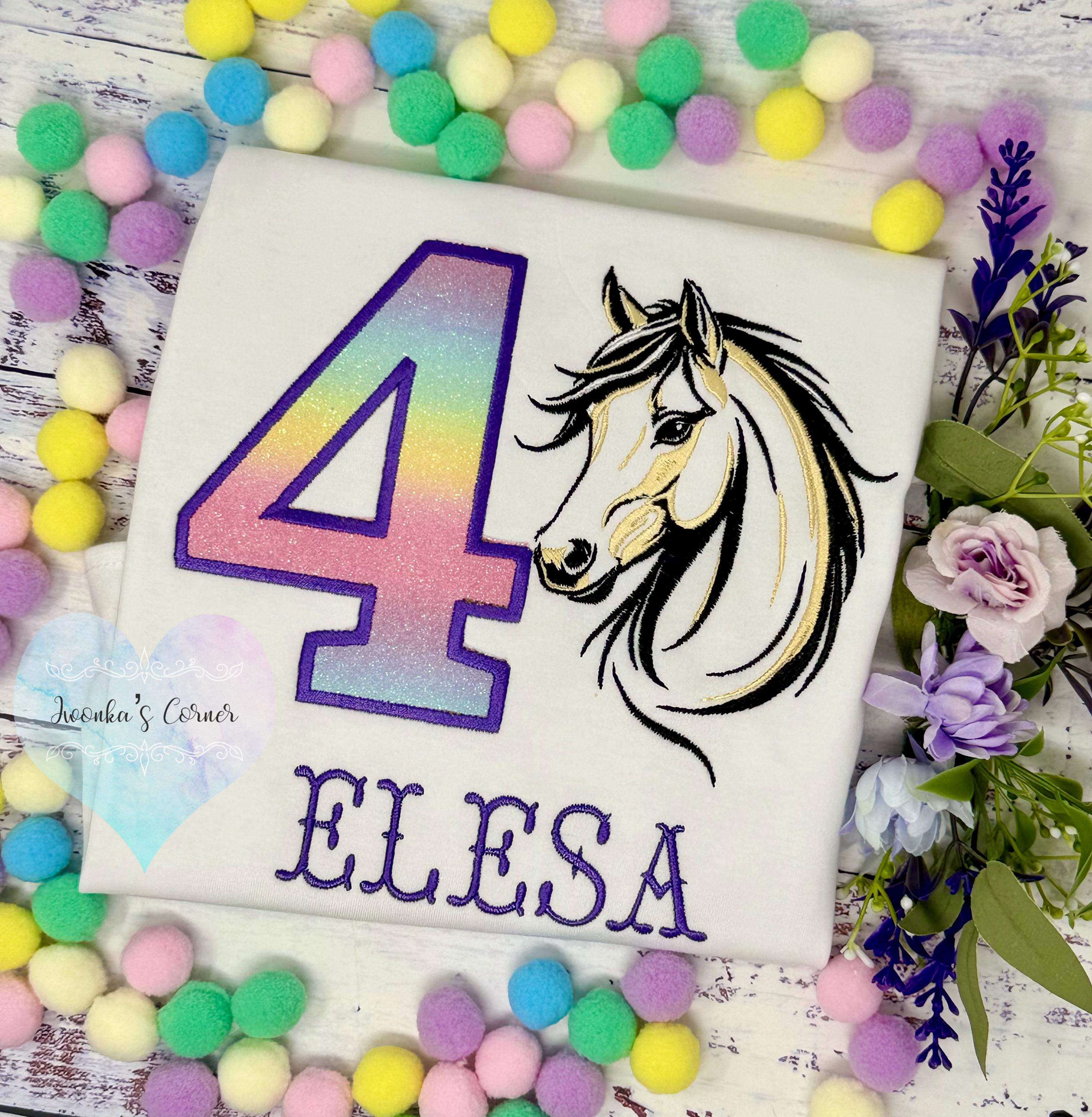 Girl 4th Birthday Shirt With Palomino Horse, Ombre Rainbow Number with Western Horse , Sketch Embroidered Horse