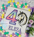 Girl 4th Birthday Shirt With Palomino Horse, Ombre Rainbow Number with Western Horse , Sketch Embroidered Horse