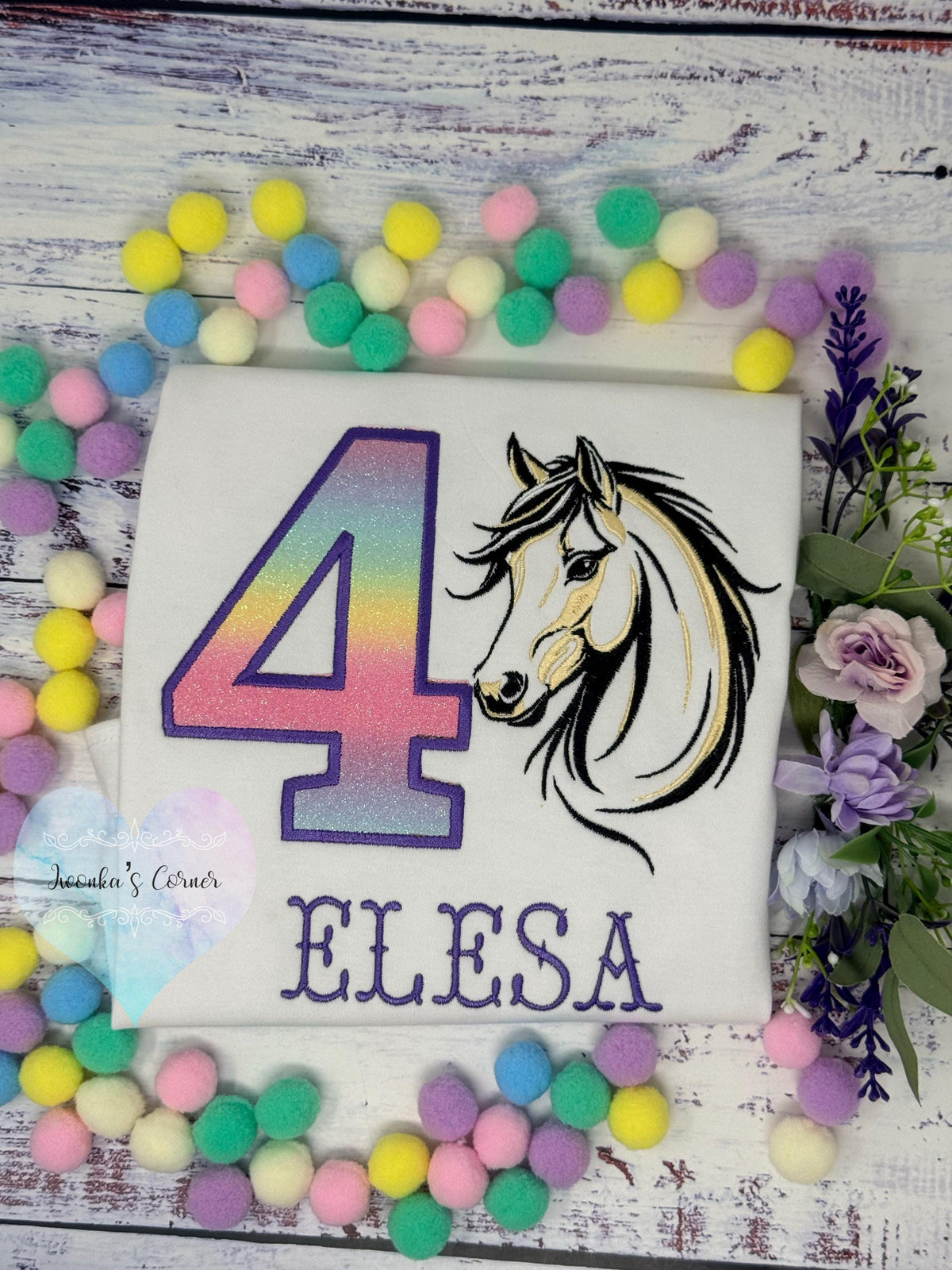 Girl 4th Birthday Shirt With Palomino Horse, Ombre Rainbow Number with Western Horse , Sketch Embroidered Horse