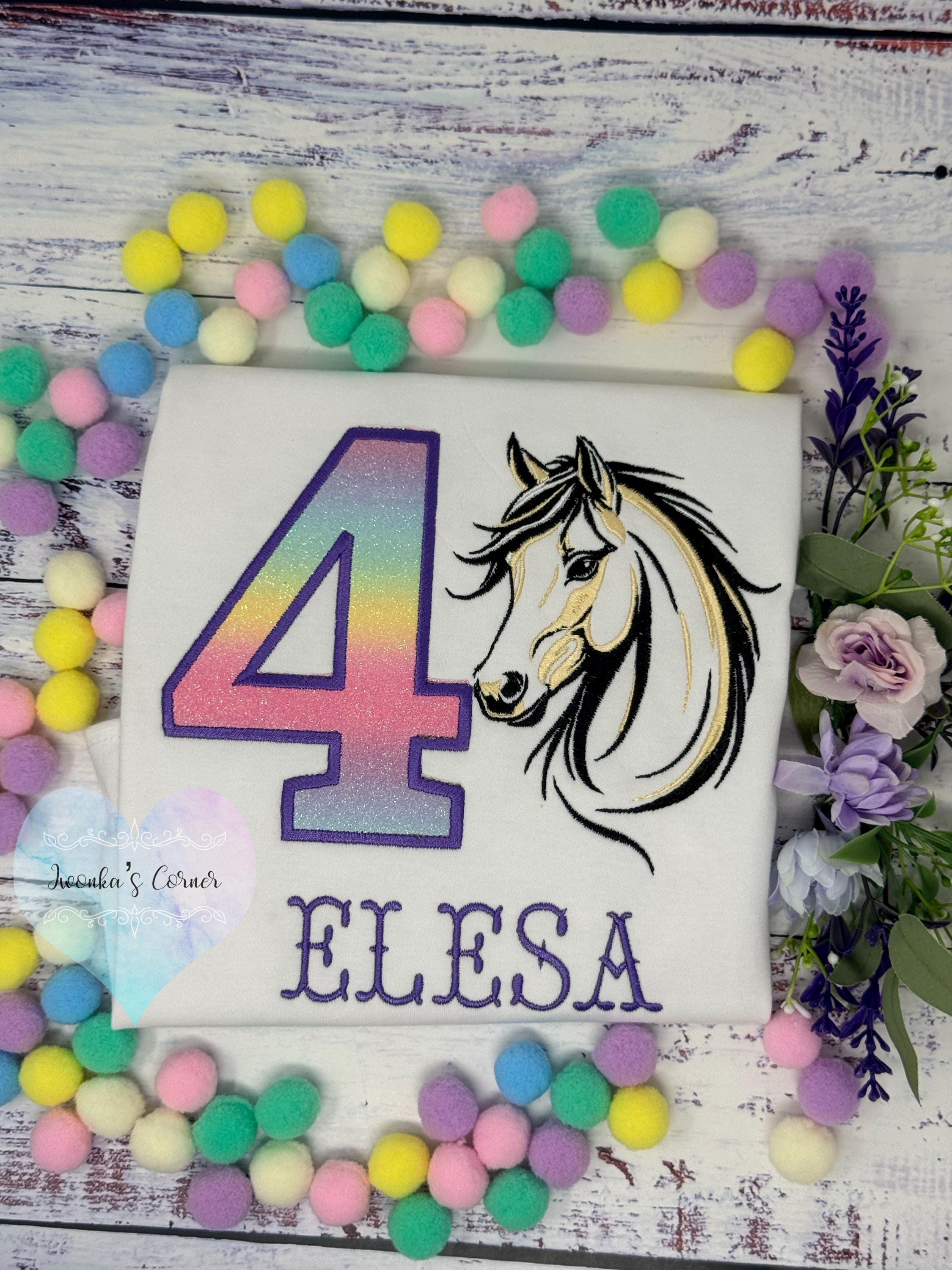 Girl 4th Birthday Shirt With Palomino Horse, Ombre Rainbow Number with Western Horse , Sketch Embroidered Horse