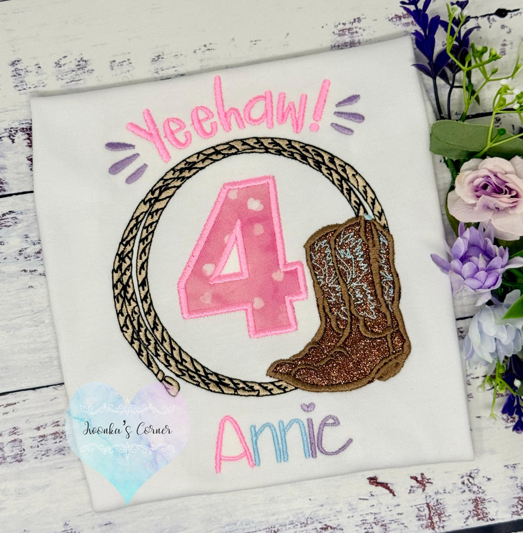 Girl 4th Birthday Shirt with Western Boots, Rope, Pink Number, Western Yeehaw! Embroidery, Rodeo Western Style Shirt