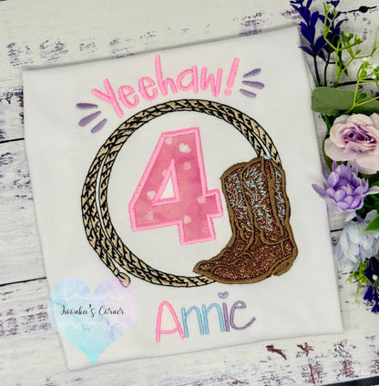 Girl 4th Birthday Shirt with Western Boots, Rope, Pink Number, Western Yeehaw! Embroidery, Rodeo Western Style Shirt