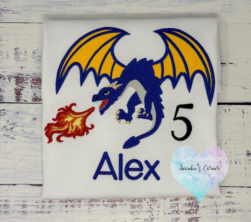 Boys Dragon Birthday Shirt, Boys 5th Birthday Shirt, Blue Fire dragon embroidery design