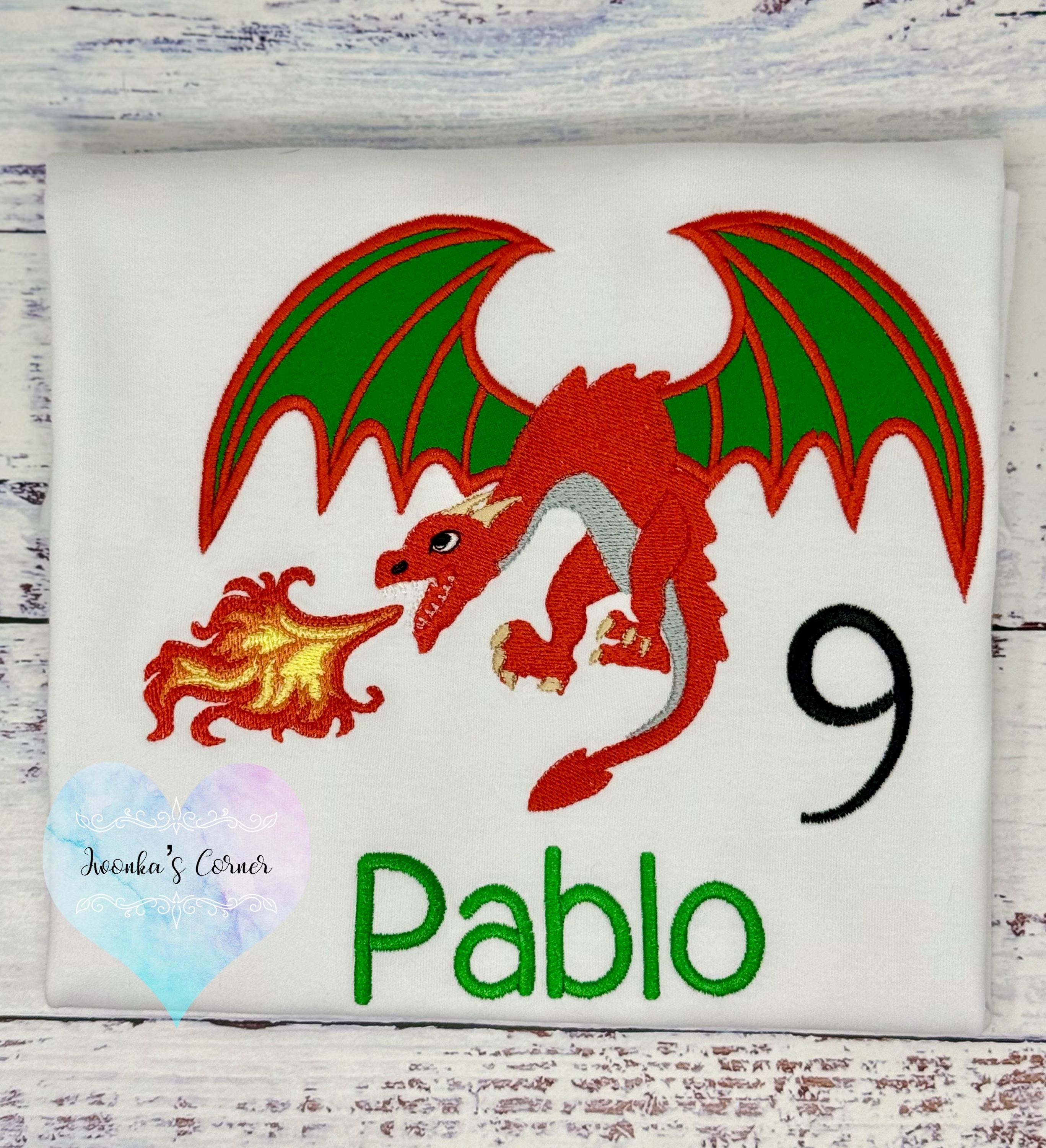 Boys Dragon Birthday Shirt, Boys 5th Birthday Shirt, Red Fire dragon embroidery design