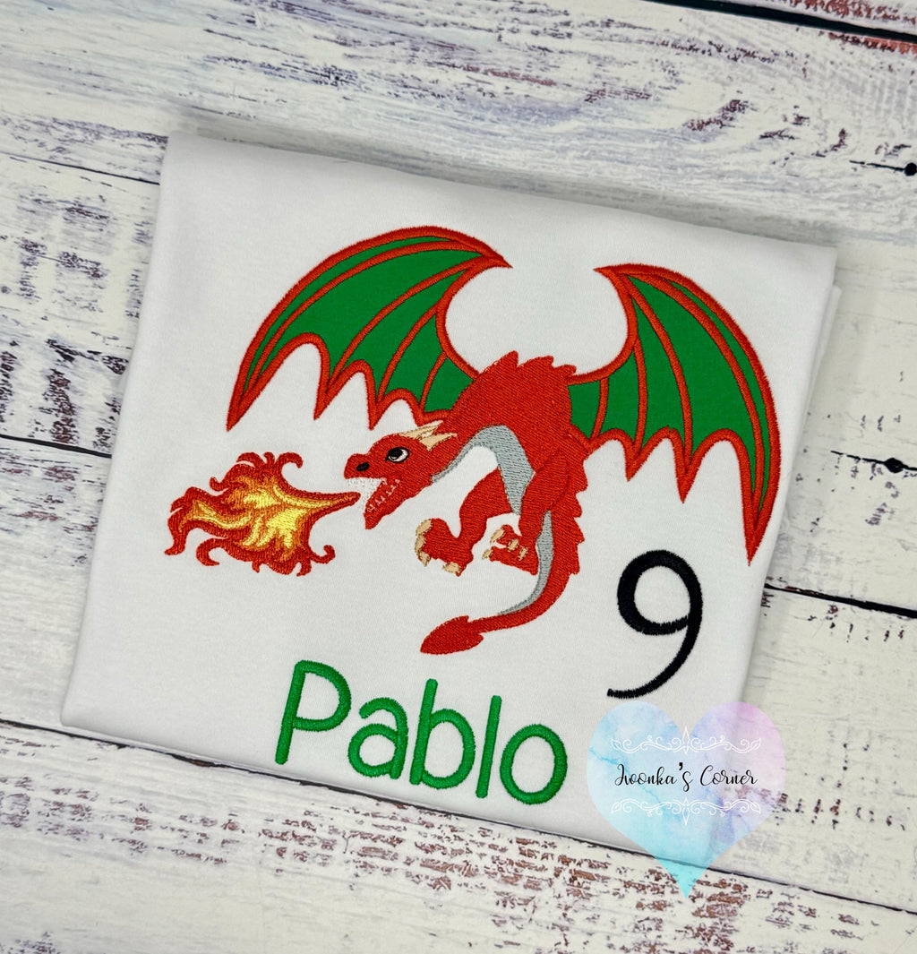 Boys Dragon Birthday Shirt, Boys 5th Birthday Shirt, Red Fire dragon embroidery design