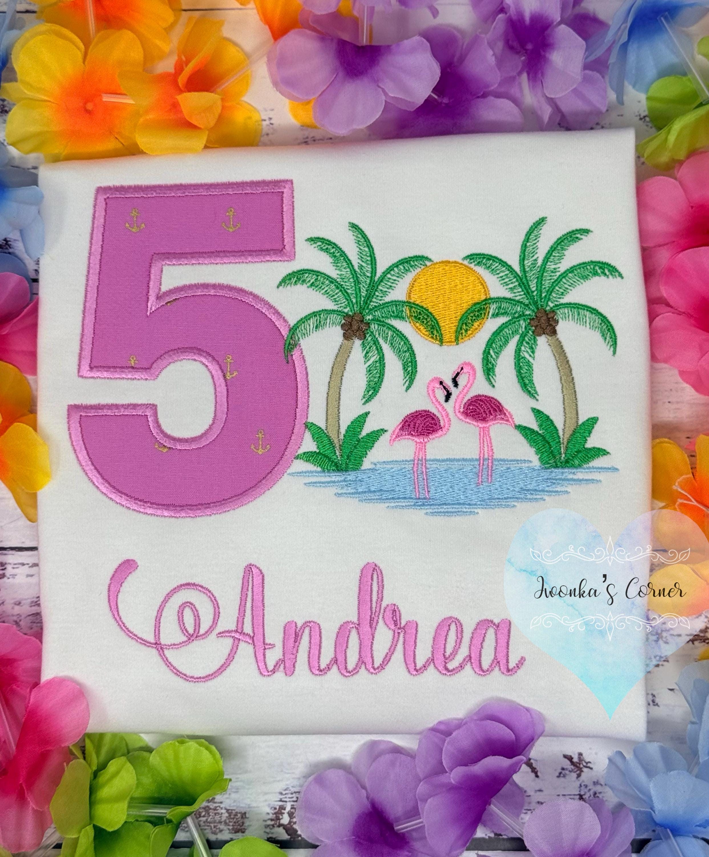 Girl 5th Birthday Tropical Flamingo Shirt, Sunset, Palms, Ocean, Pink Anchor Applique Number and Flamingo, Beach Party Shirt, Any age