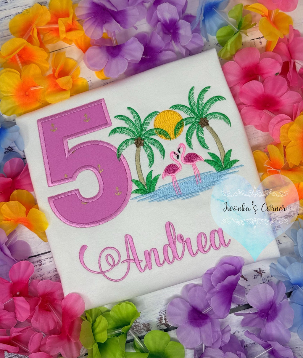 Girl 5th Birthday Tropical Flamingo Shirt, Sunset, Palms, Ocean, Pink Anchor Applique Number and Flamingo, Beach Party Shirt, Any age