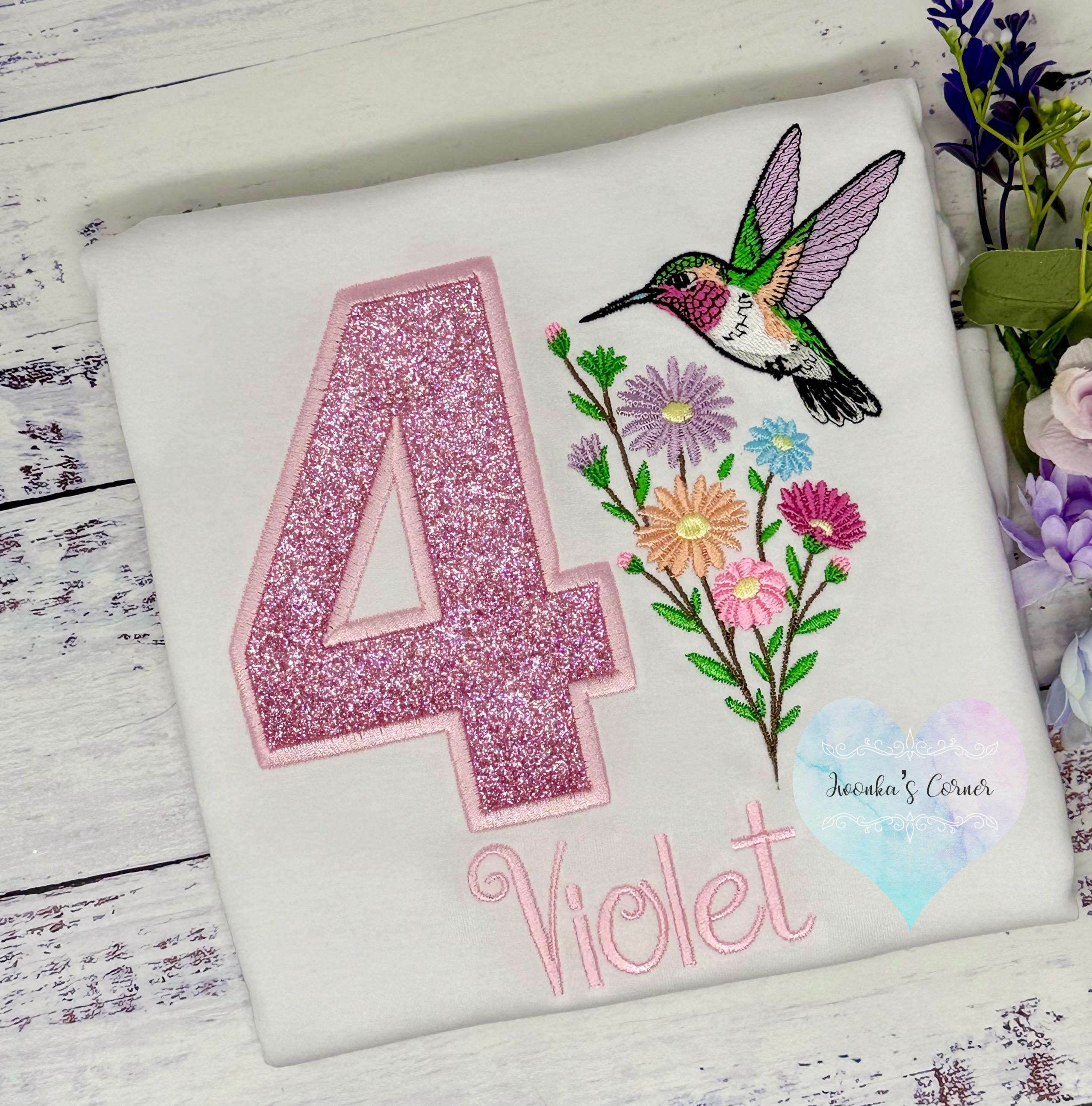 Girl 4th Birthday Hummingbird Shirt, Flower Bouquet with Hummingbird, Small Bird and Colorful Flowers Party Shirt, Any age