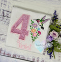 Girl 4th Birthday Hummingbird Shirt, Flower Bouquet with Hummingbird, Small Bird and Colorful Flowers Party Shirt, Any age