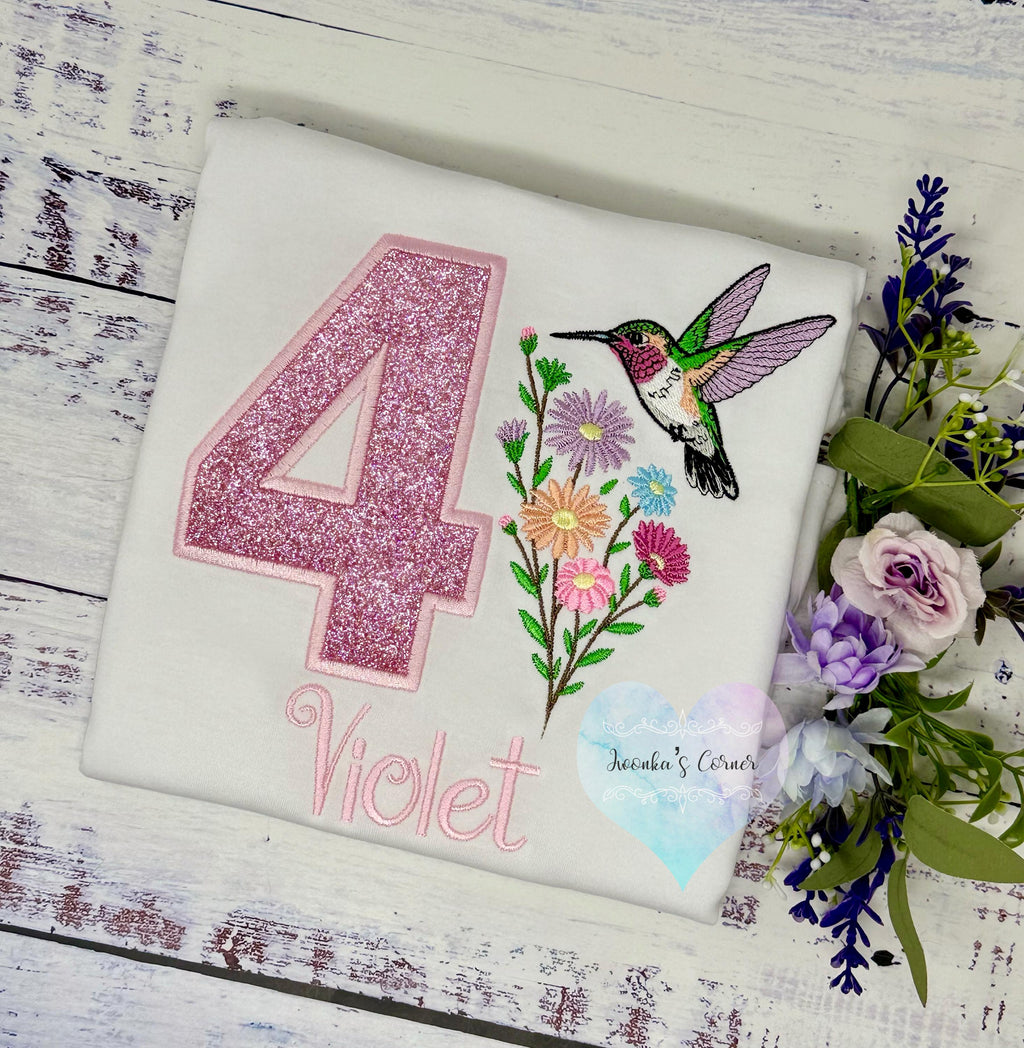 Girl 4th Birthday Hummingbird Shirt, Flower Bouquet with Hummingbird, Small Bird and Colorful Flowers Party Shirt, Any age