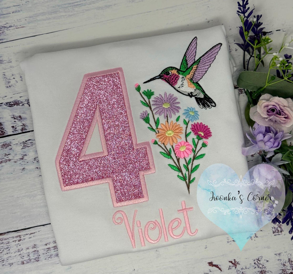Girl 4th Birthday Hummingbird Shirt, Flower Bouquet with Hummingbird, Small Bird and Colorful Flowers Party Shirt, Any age