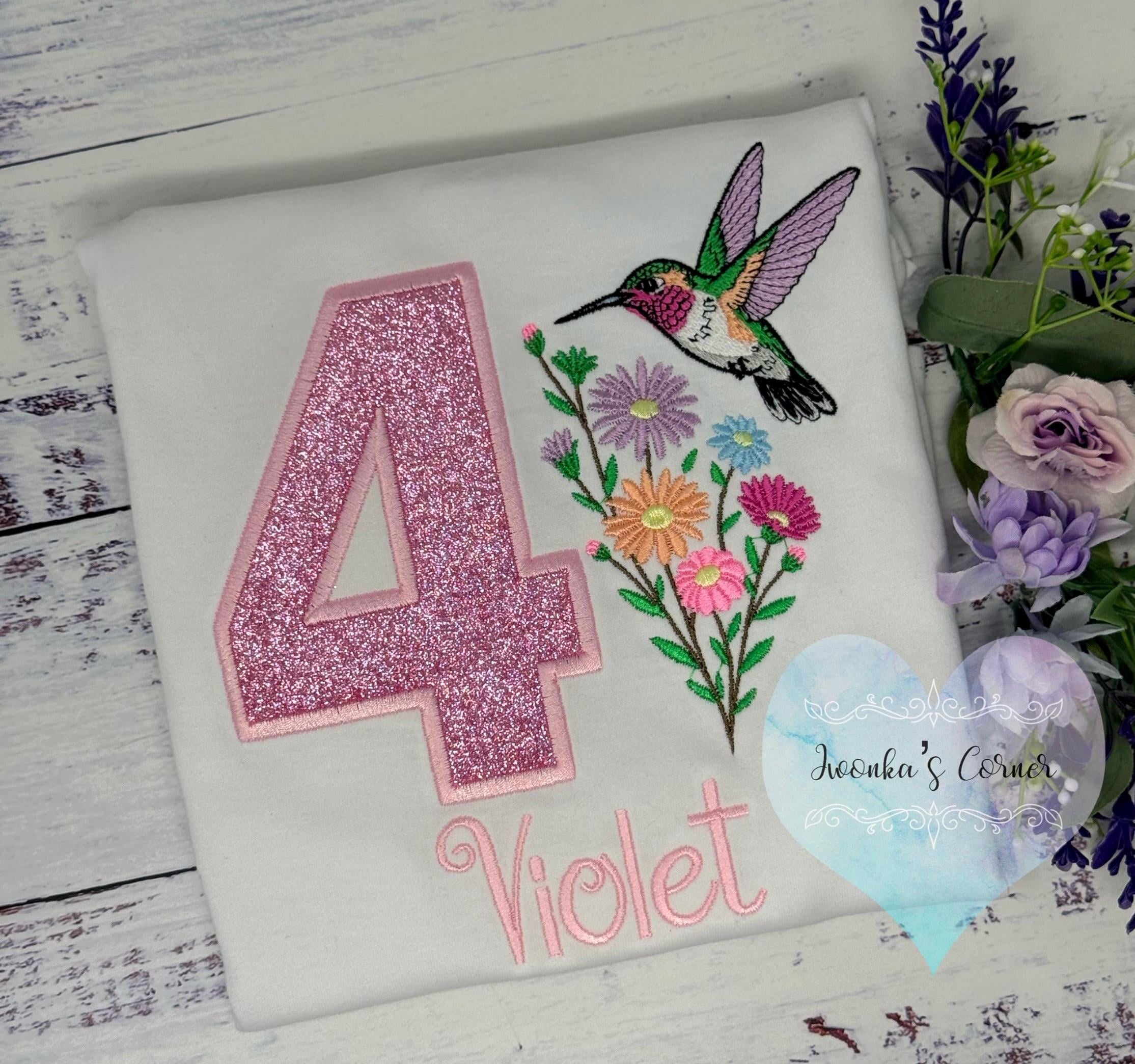 Girl 4th Birthday Hummingbird Shirt, Flower Bouquet with Hummingbird, Small Bird and Colorful Flowers Party Shirt, Any age