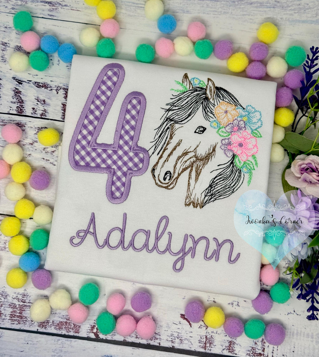 Girl 4th Birthday Shirt With Bay Brown Horse, Birthday Shirt with Gingham Number and Flower mane Horse, Sketch Embroidered Horse