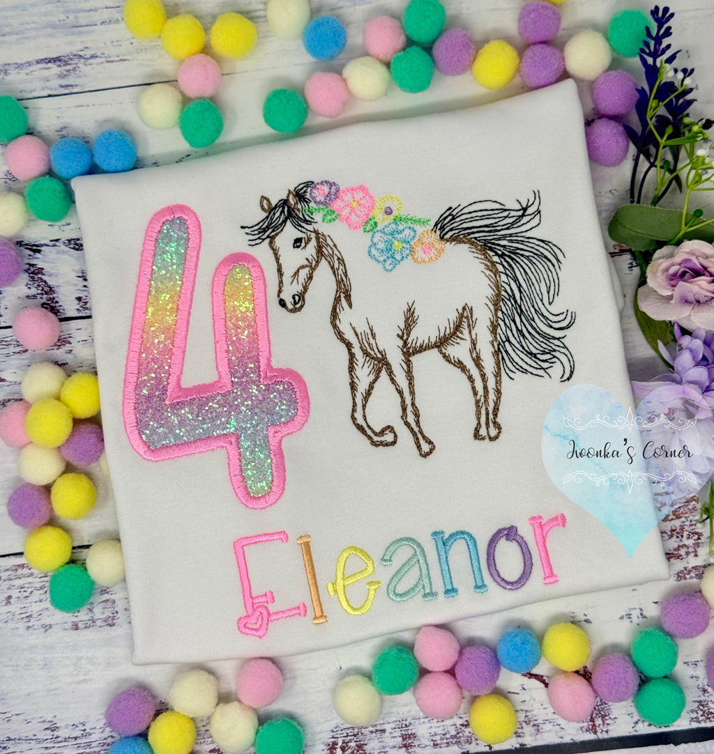 Girl 4th Birthday Shirt With Bay Brown Horse, Ombre Rainbow Number with Horse wearing Flowers in Mane, Sketch Embroidered Horse