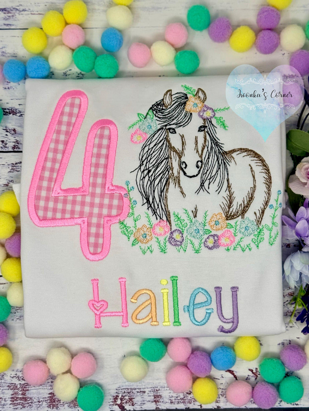 Girl 4th Birthday Shirt With Bay Brown Horse, Pink Gingham Number with Horse wearing Flowers in His Mane, Sketch Embroidered Horse