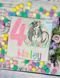 Girl 4th Birthday Shirt With Bay Brown Horse, Pink Gingham Number with Horse wearing Flowers in His Mane, Sketch Embroidered Horse